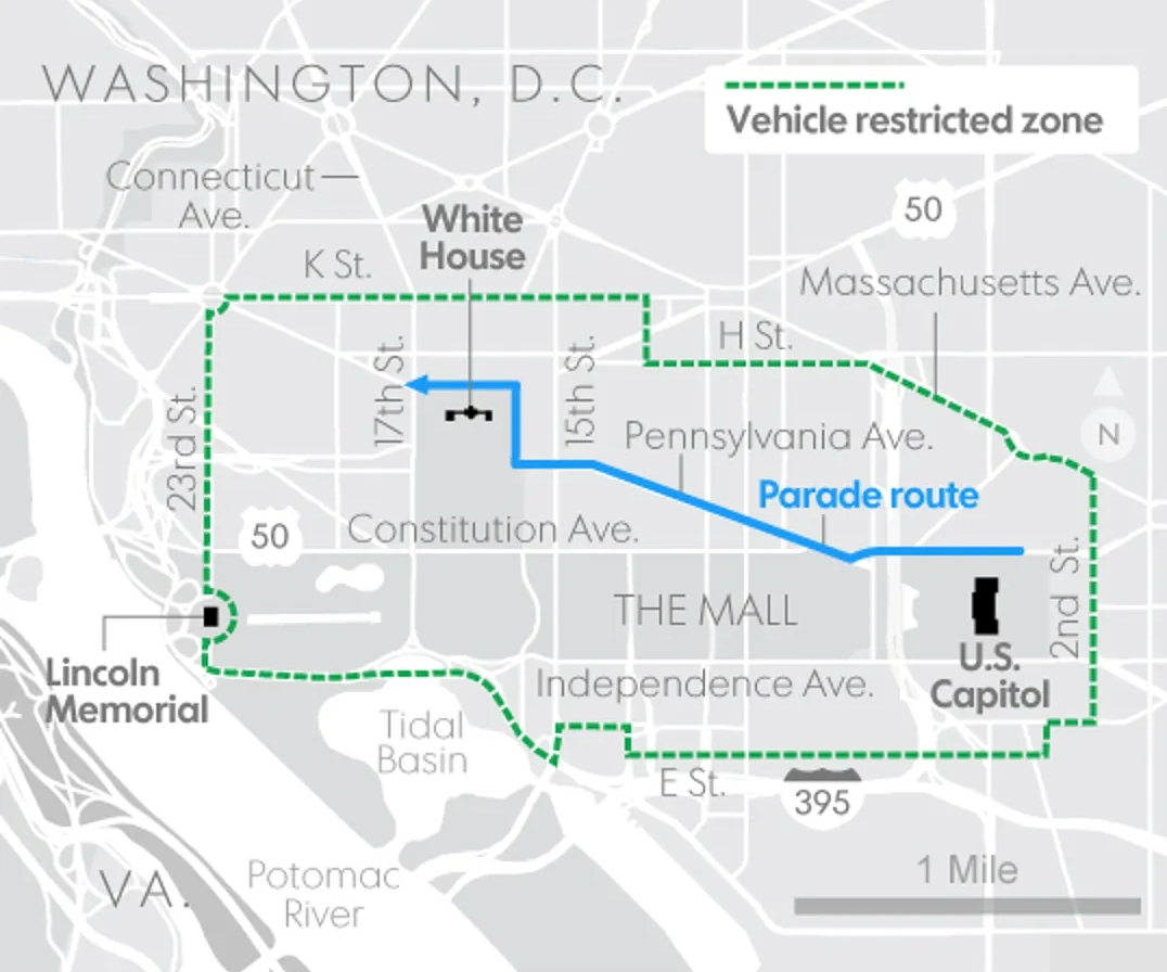 Map of 2025 Presidential Inauguration road closures and vehicle-restricted zones in Washington, DC